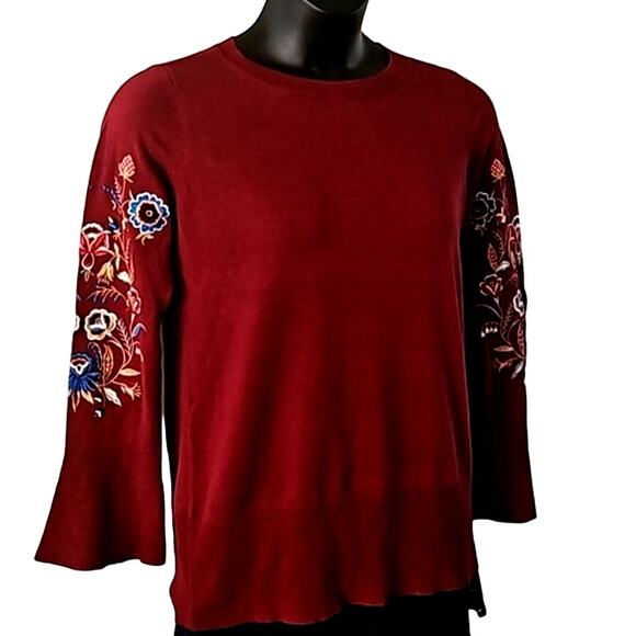 NWOT Belle by Kim Gravel Burgundy Embroidered Floral Bell Sleeve Sweater Size 8 - Picture 8 of 8